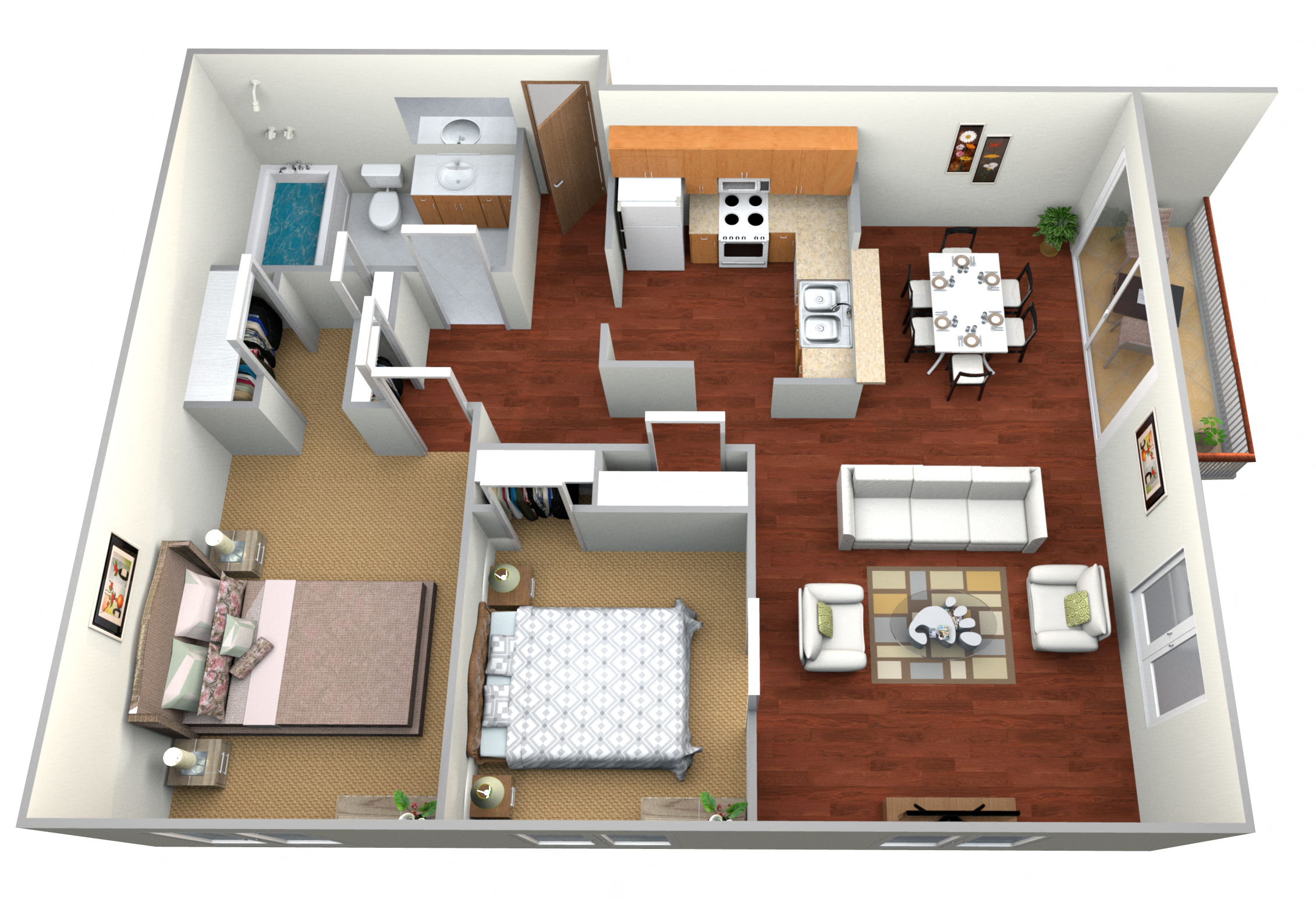 Floor plan for 2 beds, 1 bath, 880 sqft